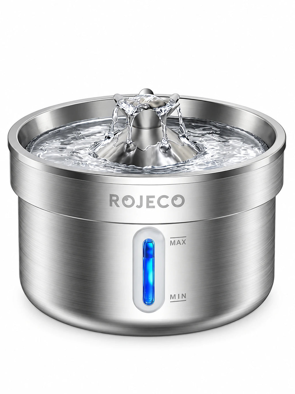 Fontaine à eau pour chat Nériva en inox de 2 L sur fond blanc, avec sortie en fleur et fenêtre de niveau bleue.