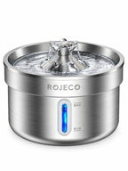 Fontaine à eau pour chat Nériva en inox de 2 L sur fond blanc, avec sortie en fleur et fenêtre de niveau bleue.