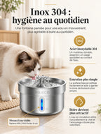 Fontaine pour chat Nériva en inox 304 : surface facile à nettoyer, eau en circulation et niveau visible.