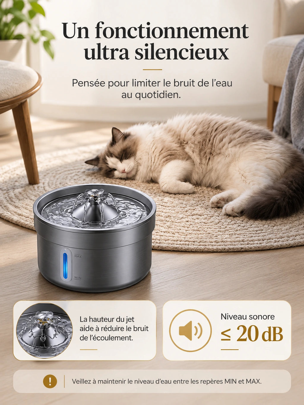 Fontaine à eau Nériva près d’un chat au repos, avec présentation du niveau sonore maximal de 20 dB.