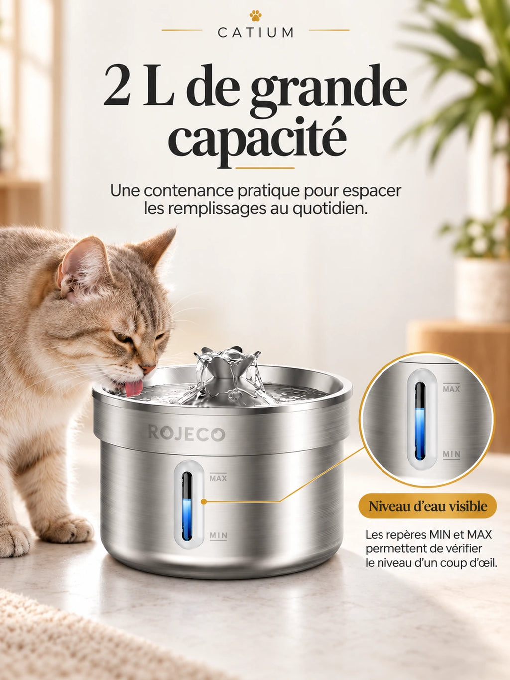 Réservoir de 2 L de la fontaine Nériva et fenêtre de niveau d’eau avec repères MIN et MAX.