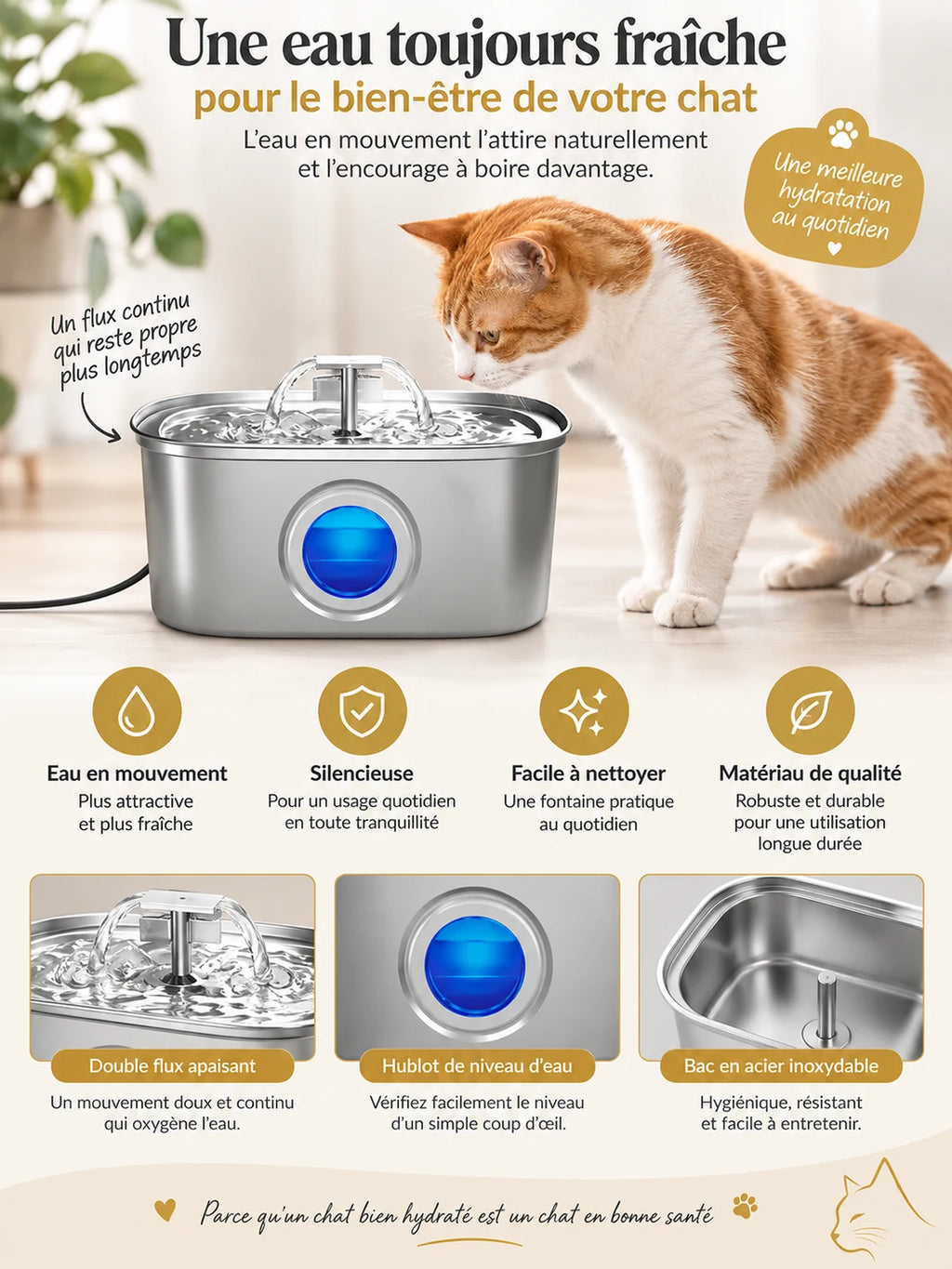 Fontaine Nivéora présentant son eau en circulation, son fonctionnement silencieux et ses surfaces en inox.