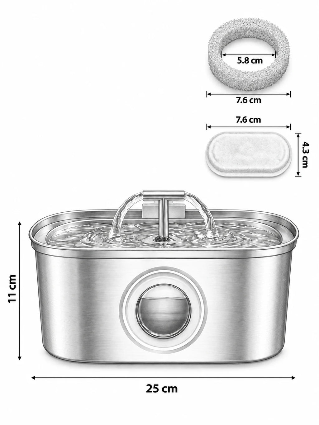 Dimensions de la fontaine Nivéora : 25 cm de largeur et 11 cm de hauteur.