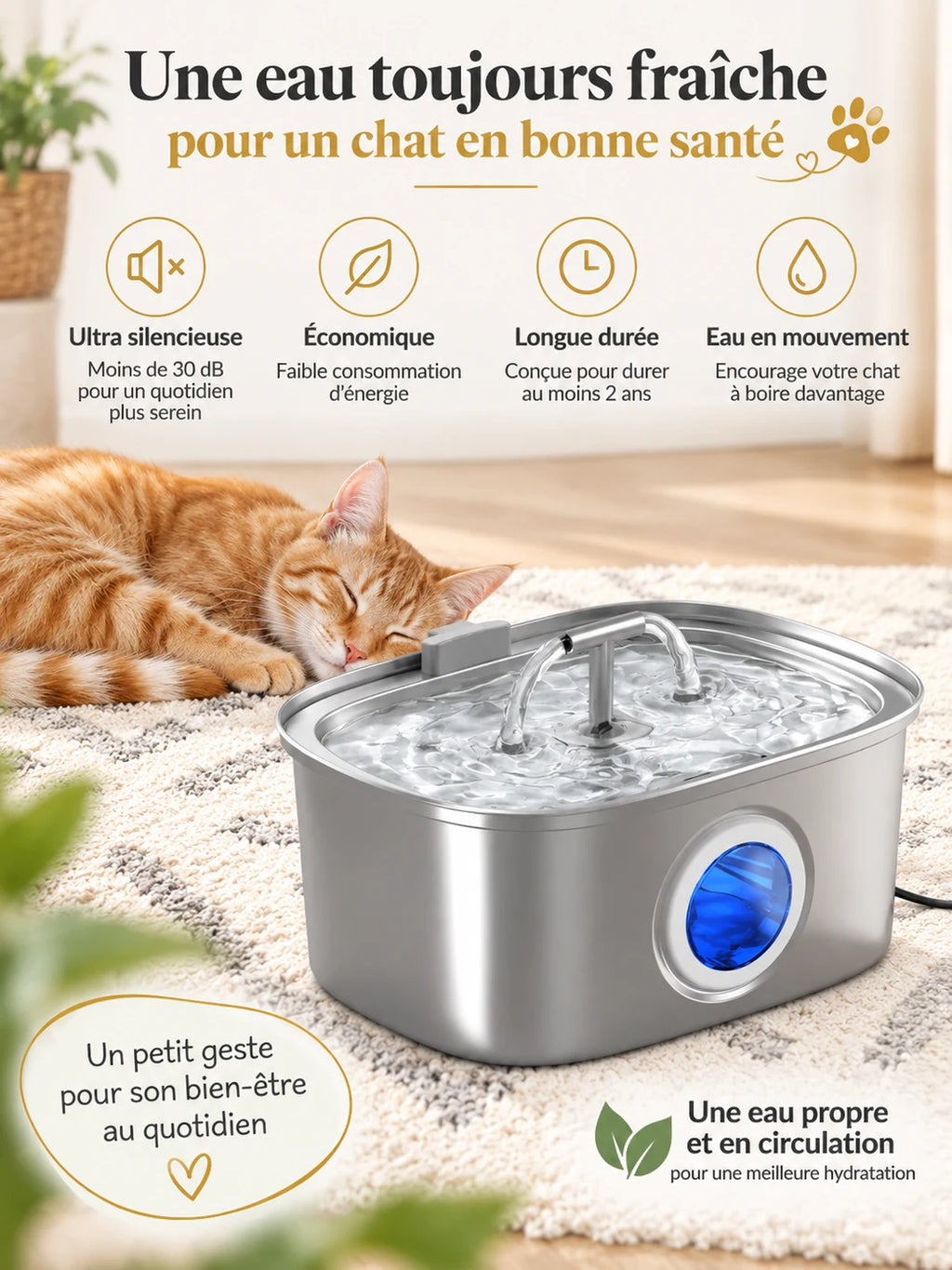 Fontaine à eau Nivéora en fonctionnement à moins de 30 dB près d’un chat au repos.