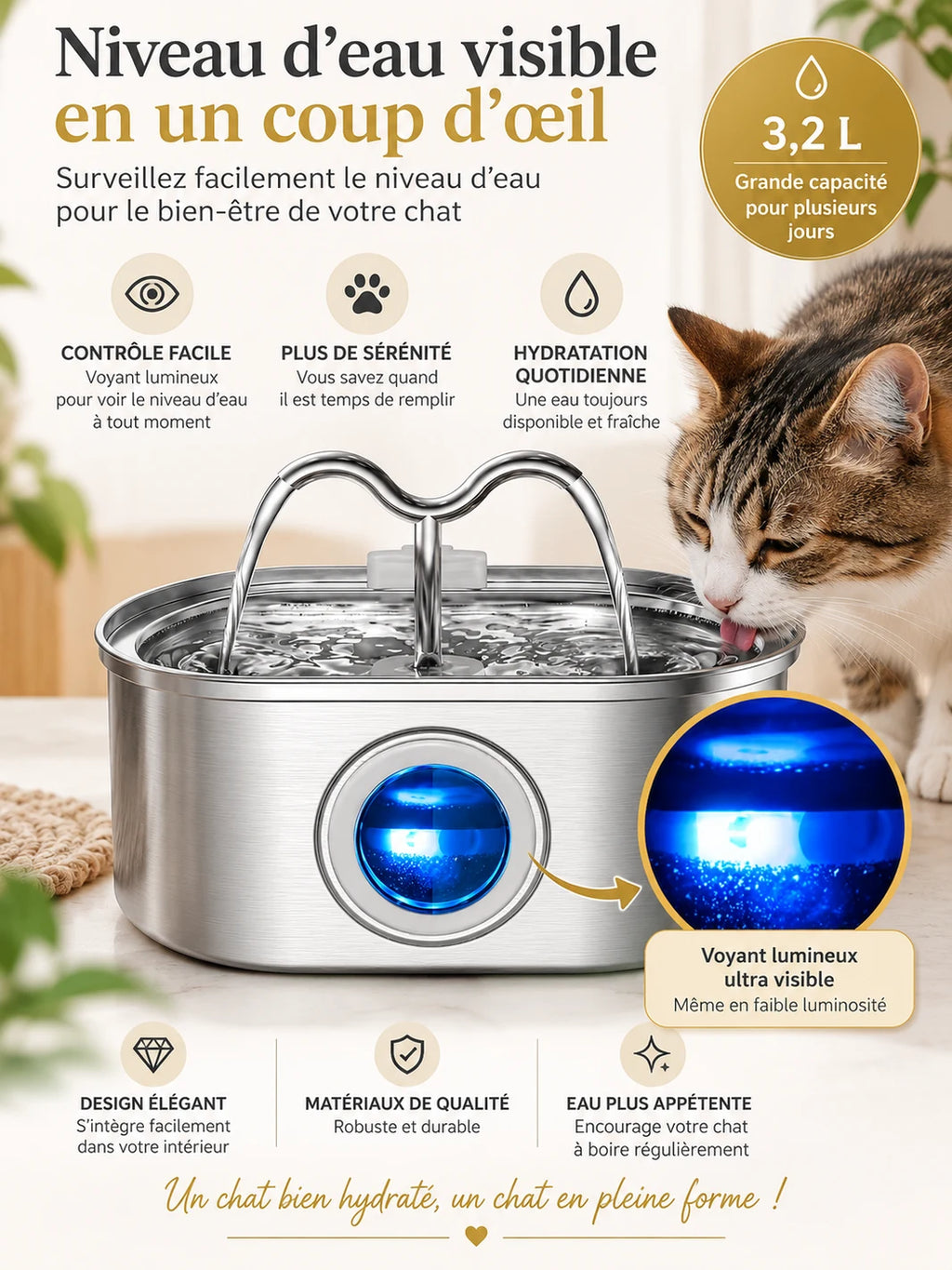 Fenêtre bleue lumineuse indiquant le niveau d’eau de la fontaine pour chat Nivéora de 3,2 L.