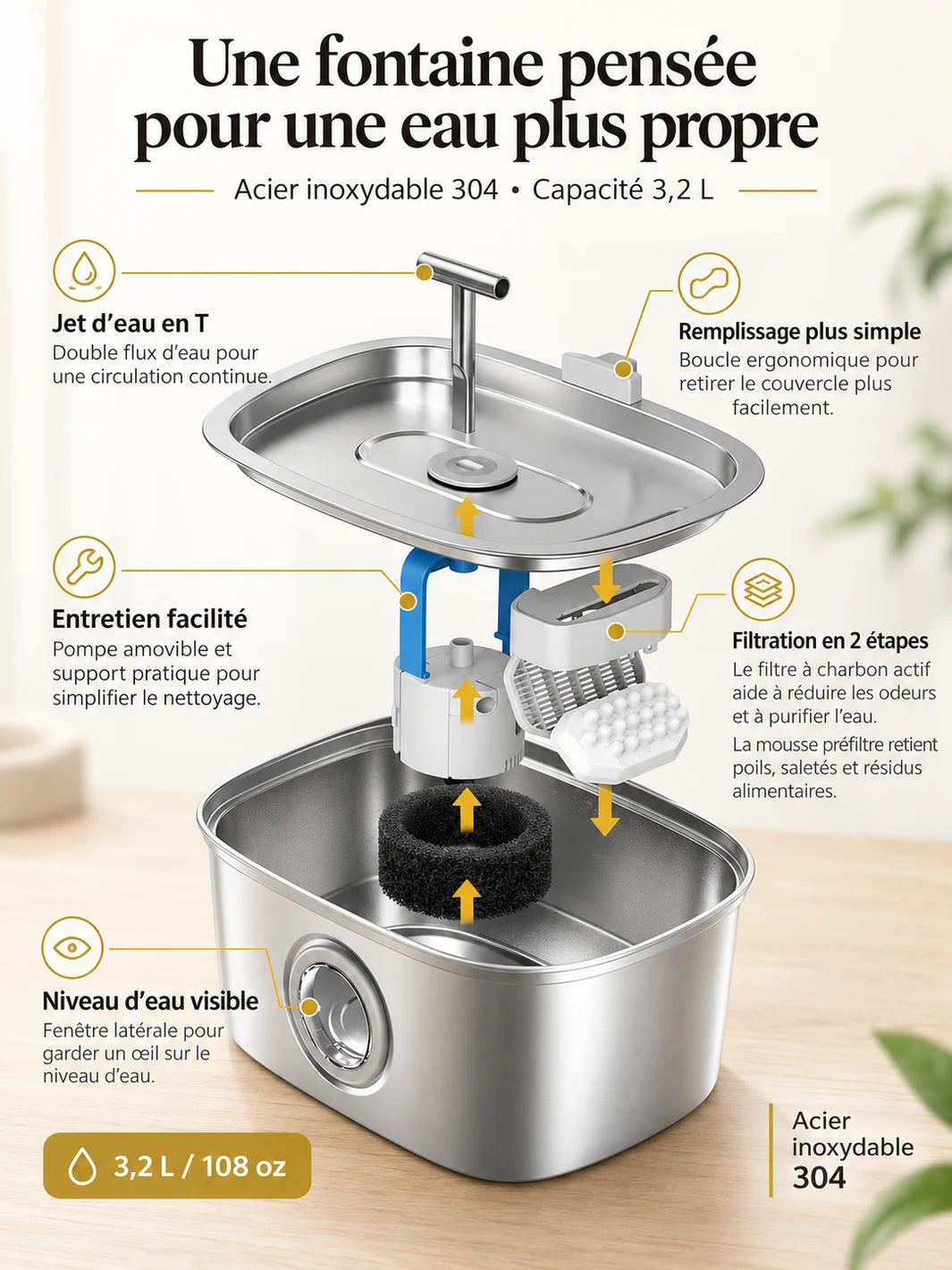 Vue démontée de la fontaine Nivéora avec plateau inox, pompe amovible, filtre et préfiltre.
