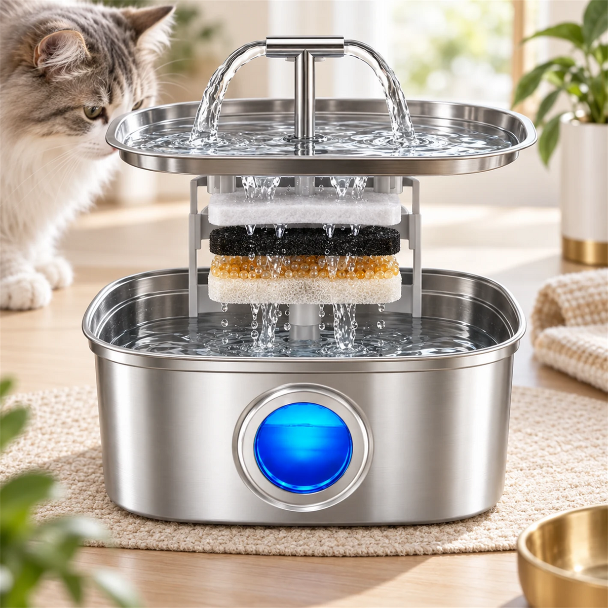 Gros plan du système de filtration multicouche de la fontaine à eau pour chat Nivéora.