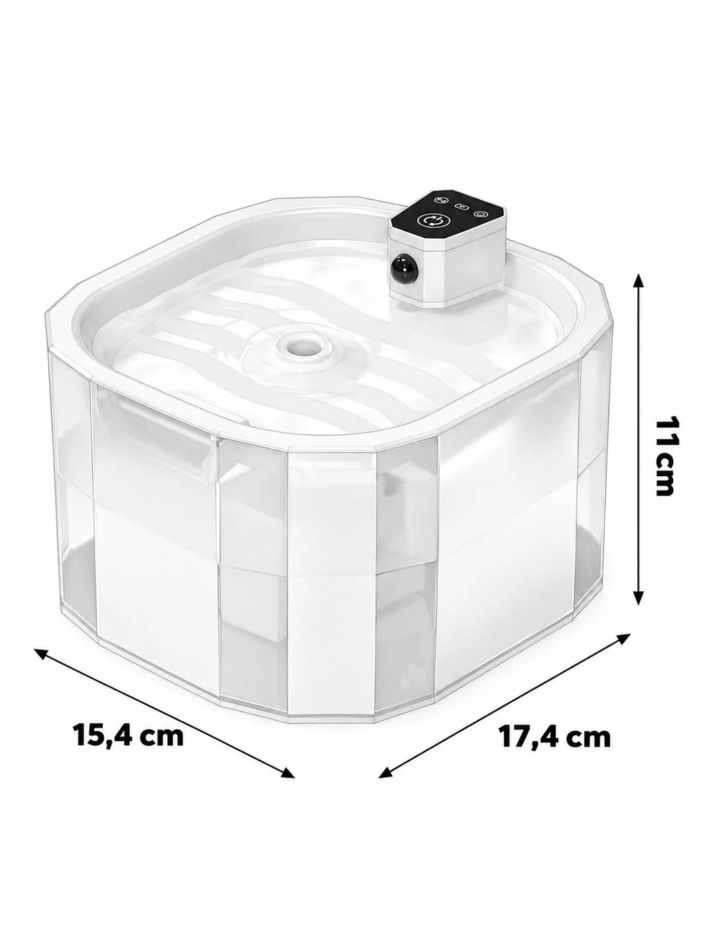 Dimensions de la fontaine Obsidia : 15,4 × 17,4 × 11 cm.