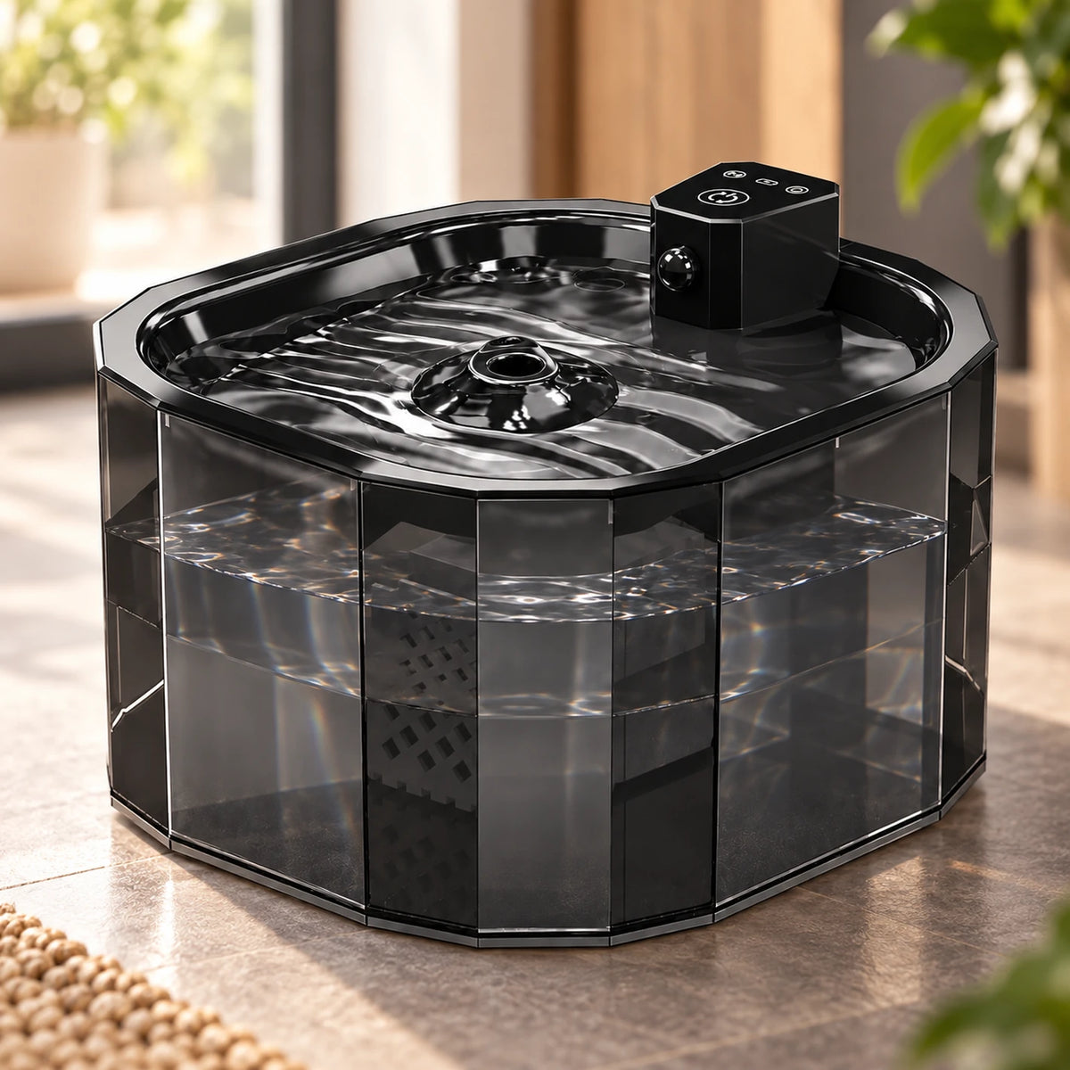 Gros plan du niveau d’eau visible à travers la cuve noire fumée de la fontaine Obsidia.