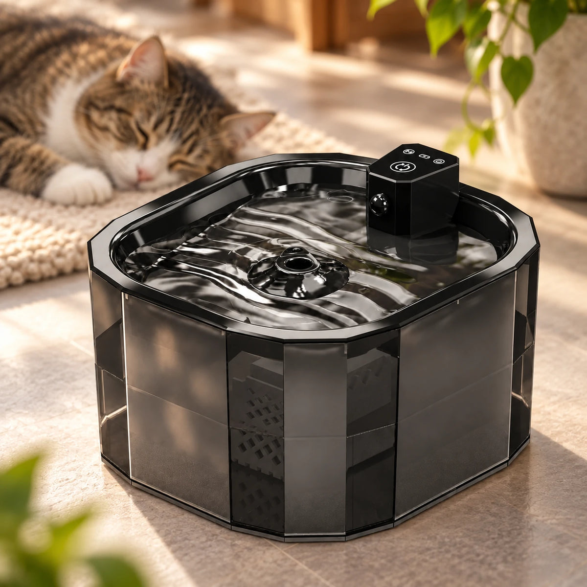 Gros plan de l’écoulement doux d’Obsidia pendant qu’un chat repose près de la fontaine.