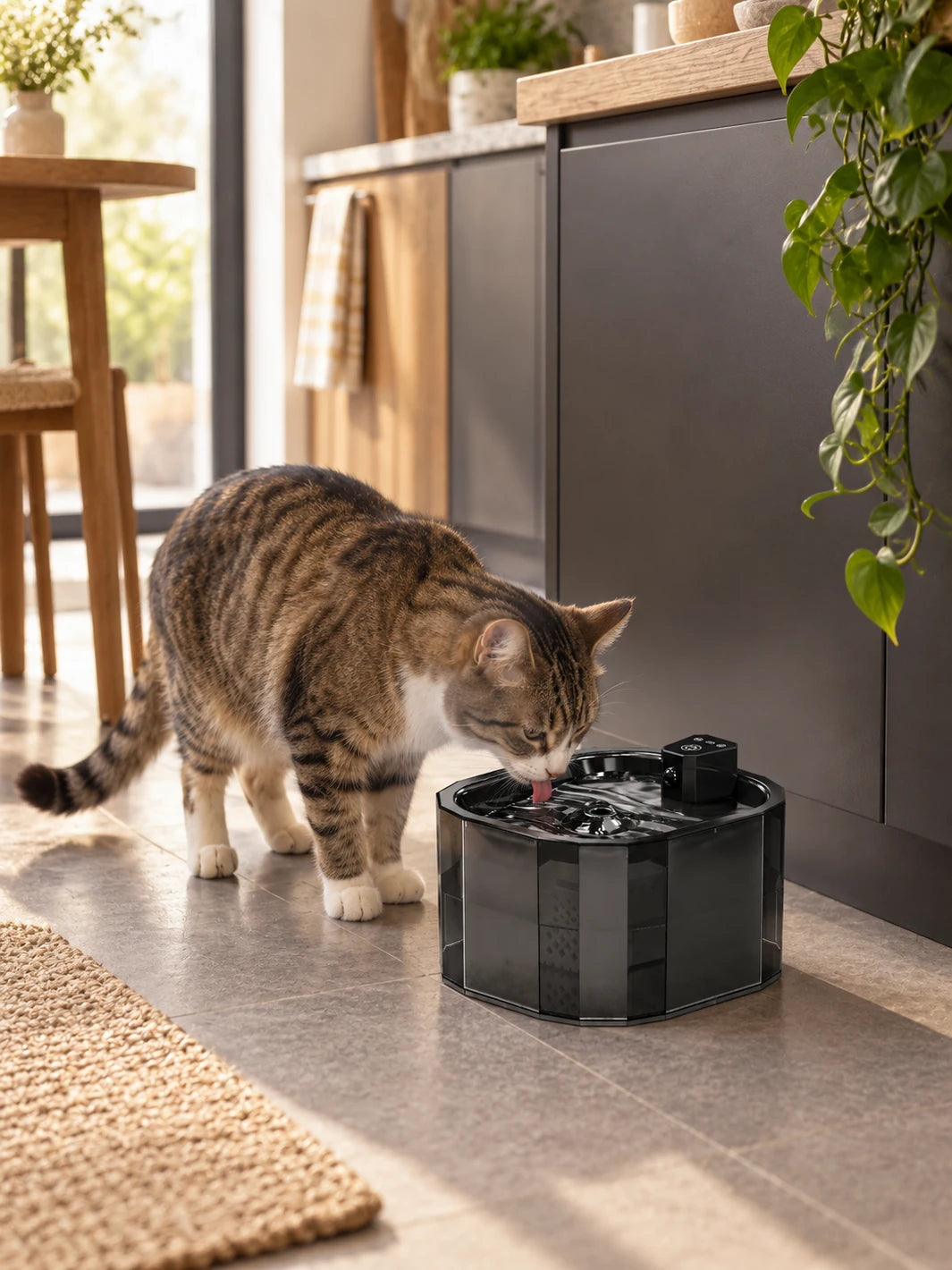 Chat buvant dans la fontaine noire Obsidia installée dans un espace intérieur contemporain.