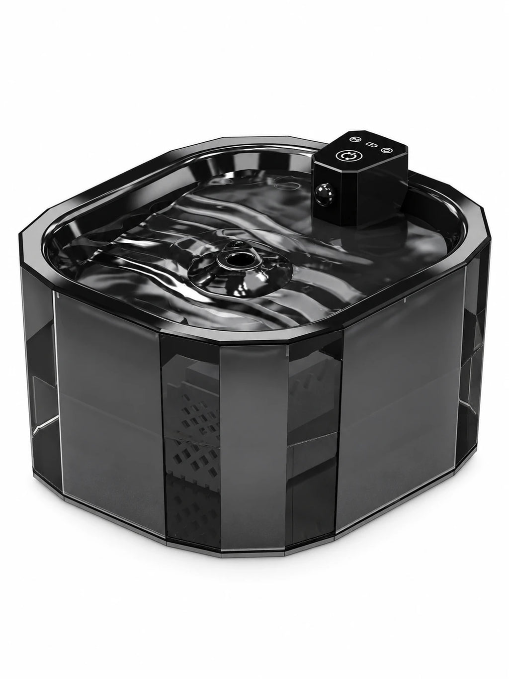 Fontaine à eau pour chat Obsidia noire translucide de 1,5 L sur fond blanc.