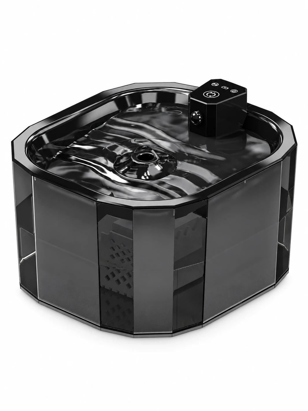 Fontaine à eau pour chat Obsidia noire translucide de 1,5 L sur fond blanc.