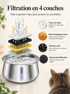 Filtration en quatre couches de la fontaine Ondévia avec tissu non tissé, résine, charbon actif et mousse.