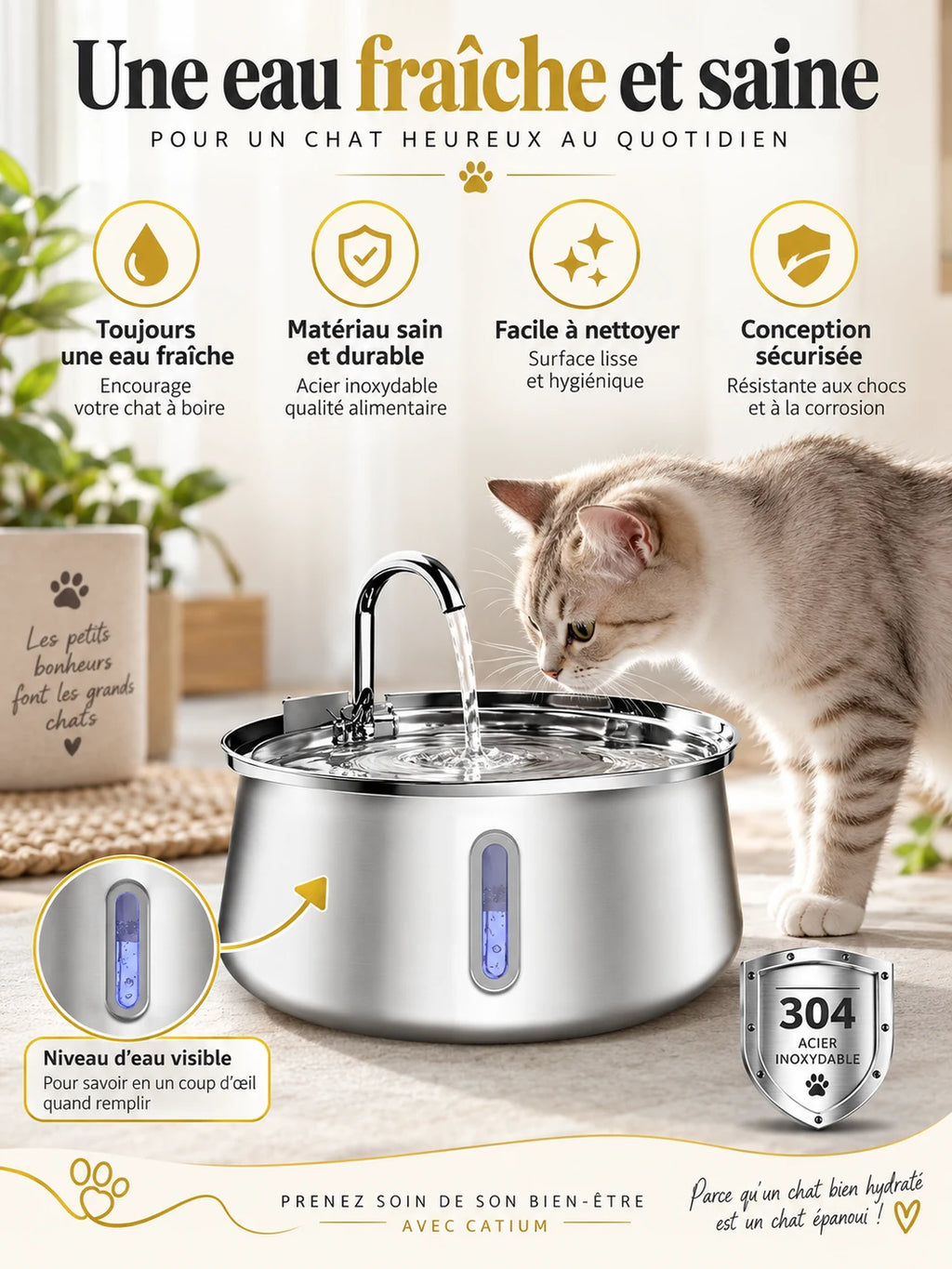 Fontaine Ondévia en inox 304 avec fenêtre frontale permettant de voir le niveau d’eau.
