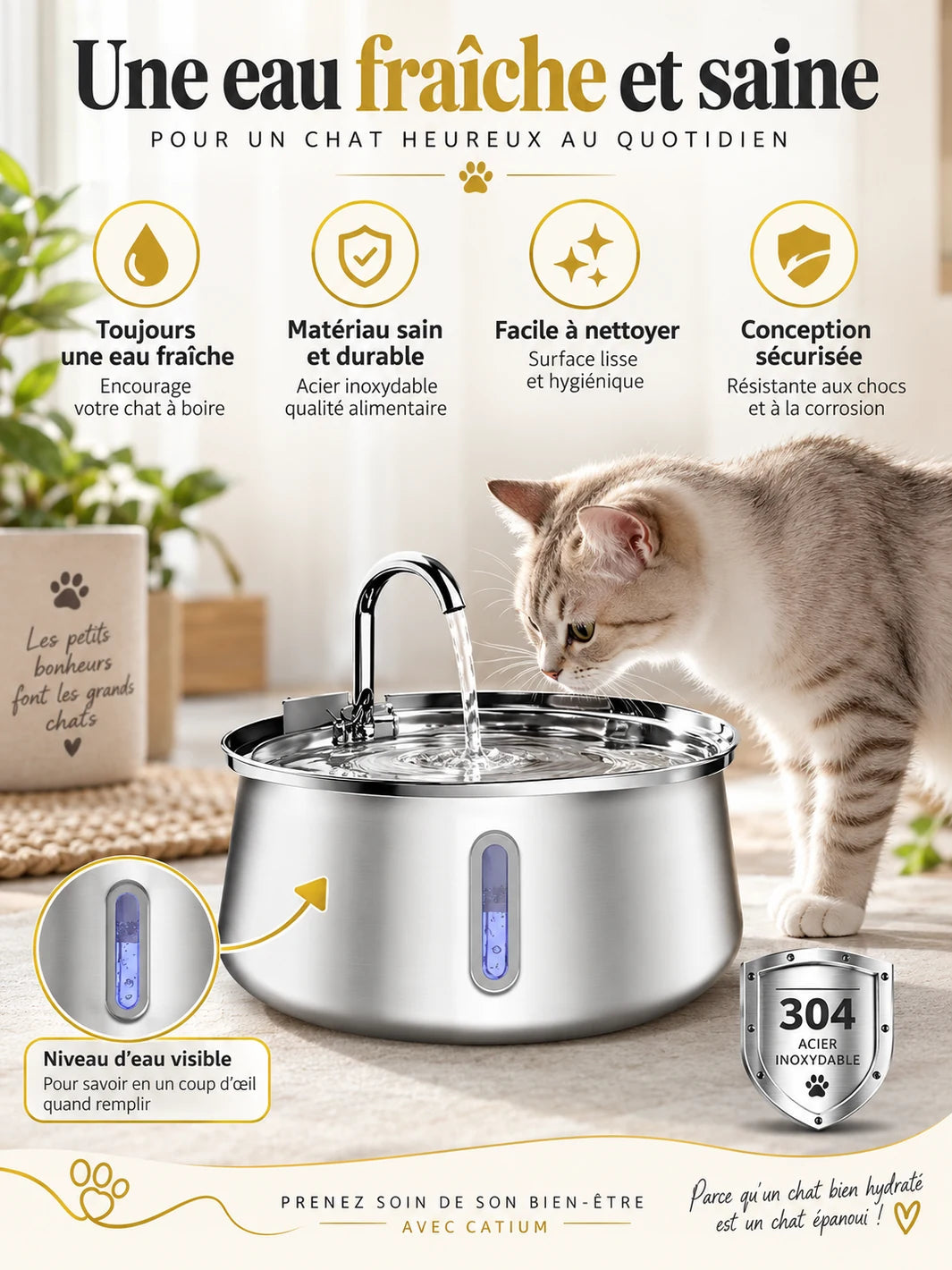 Fontaine Ondévia en inox 304 avec fenêtre frontale permettant de voir le niveau d’eau.