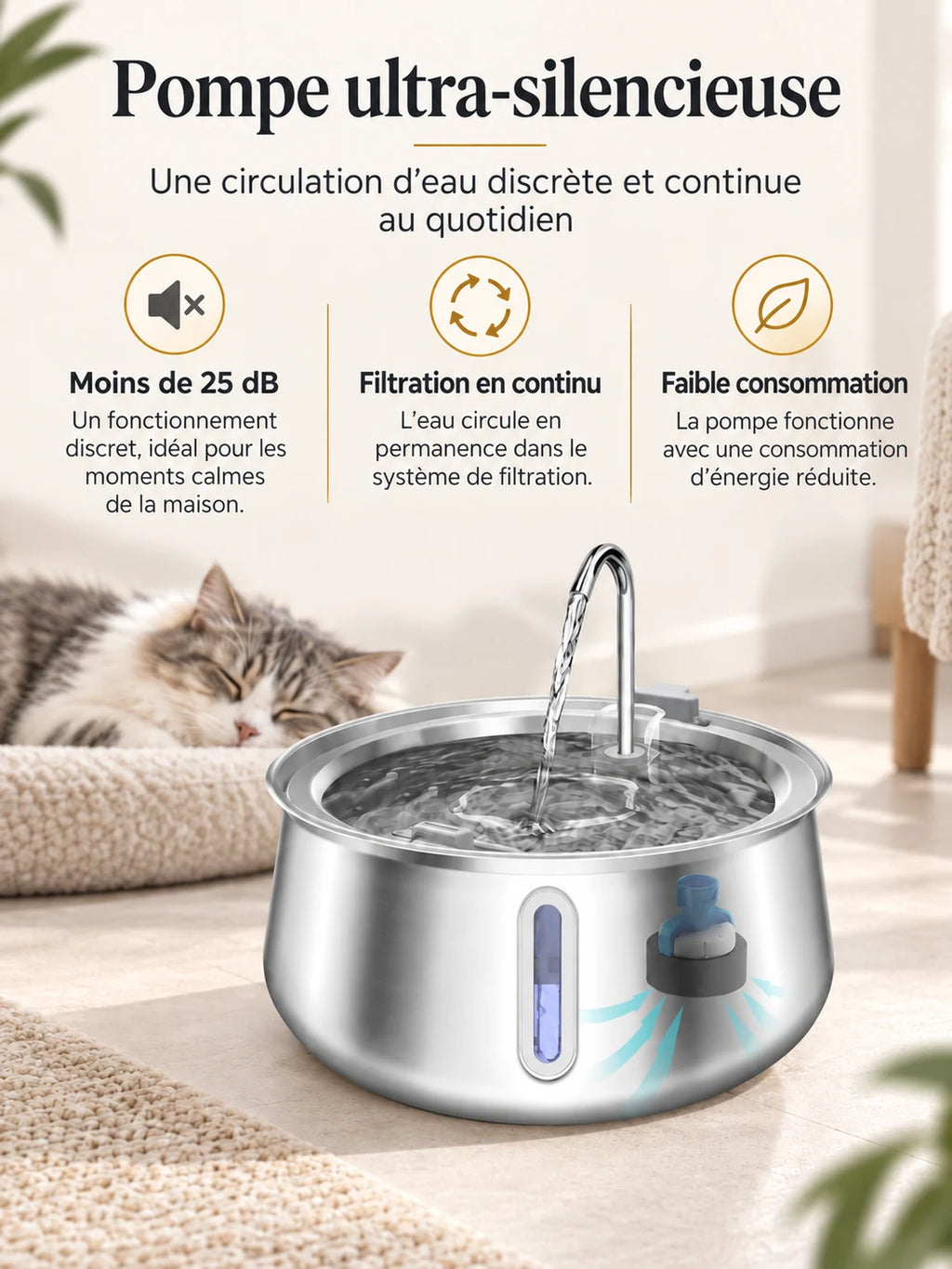 Pompe silencieuse à moins de 25 dB et filtration continue de la fontaine à eau Ondévia.