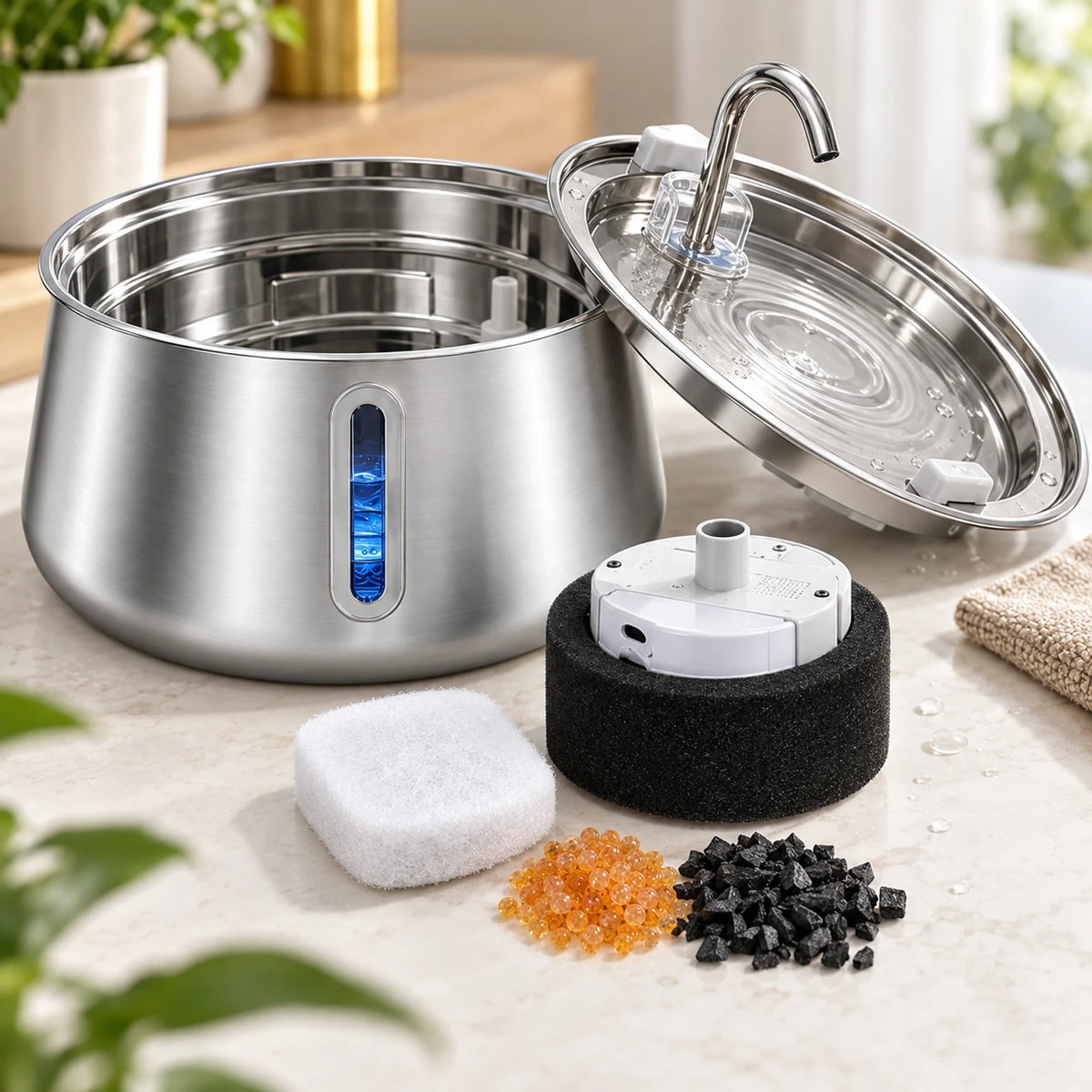 Gros plan du filtre et de la mousse de préfiltration amovibles de la fontaine Ondévia.