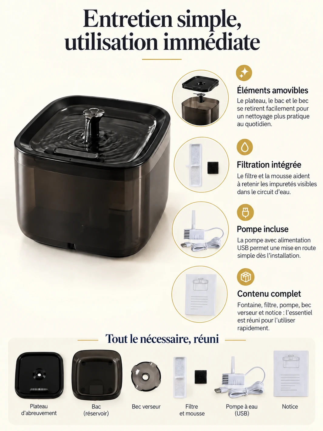 Éléments inclus avec Sourcéa : filtre, mousse, pompe USB, bec verseur et notice.