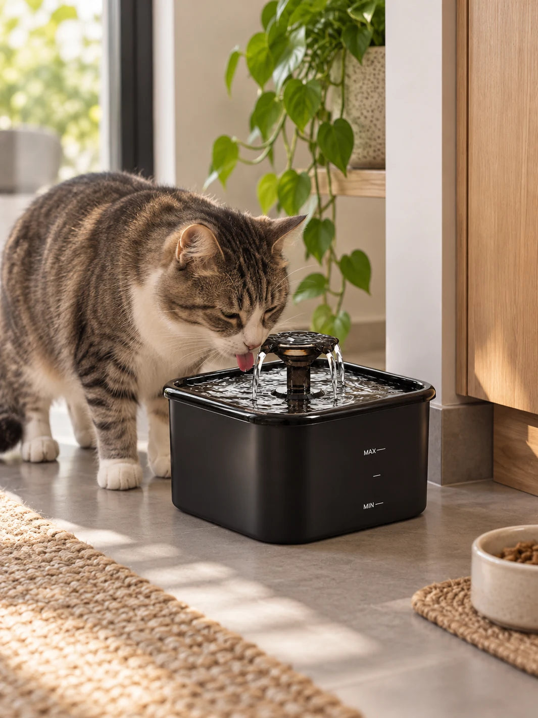 Chat utilisant la fontaine noire compacte Sourcéa installée dans un coin repas intérieur.