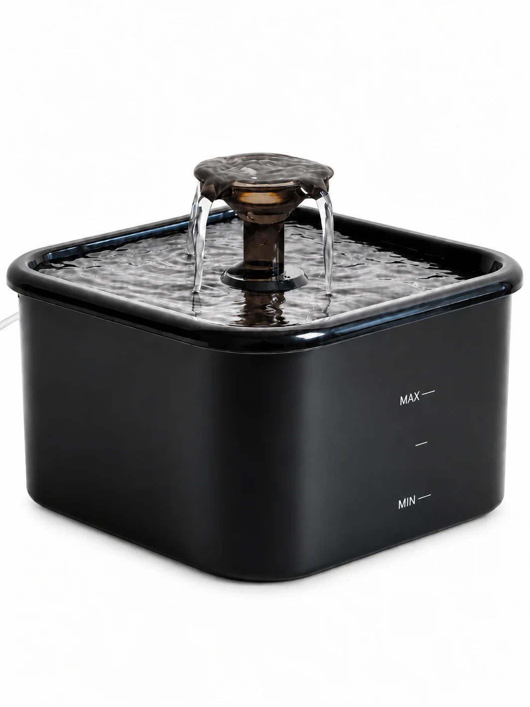 Fontaine à eau noire et compacte Sourcéa de 2,2 L avec distributeur central, sur fond blanc.