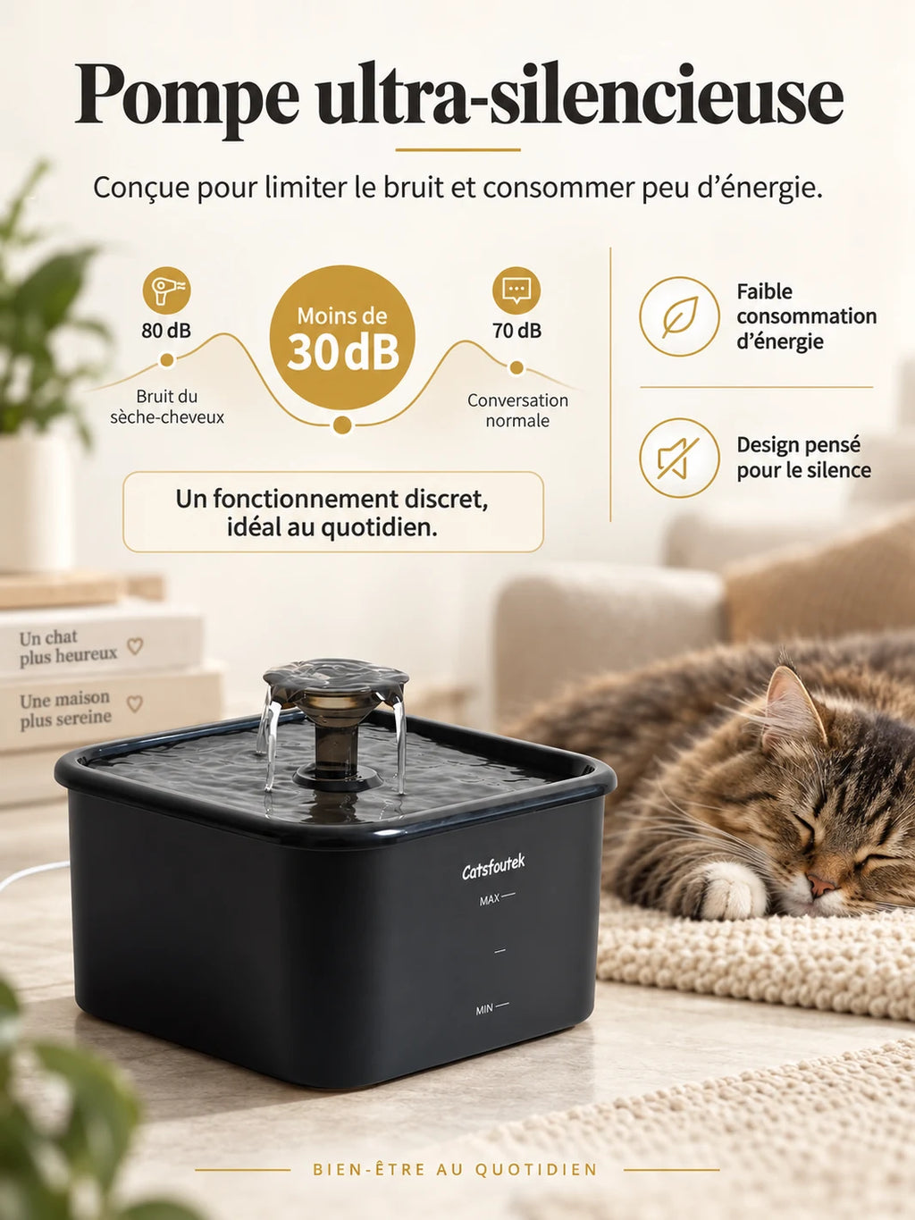 Pompe USB de la fontaine Sourcéa fonctionnant à moins de 30 dB.