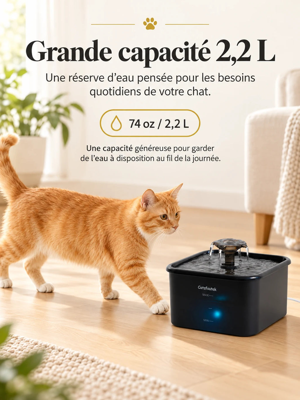Réservoir de 2,2 L de la fontaine à eau noire pour chat Sourcéa.