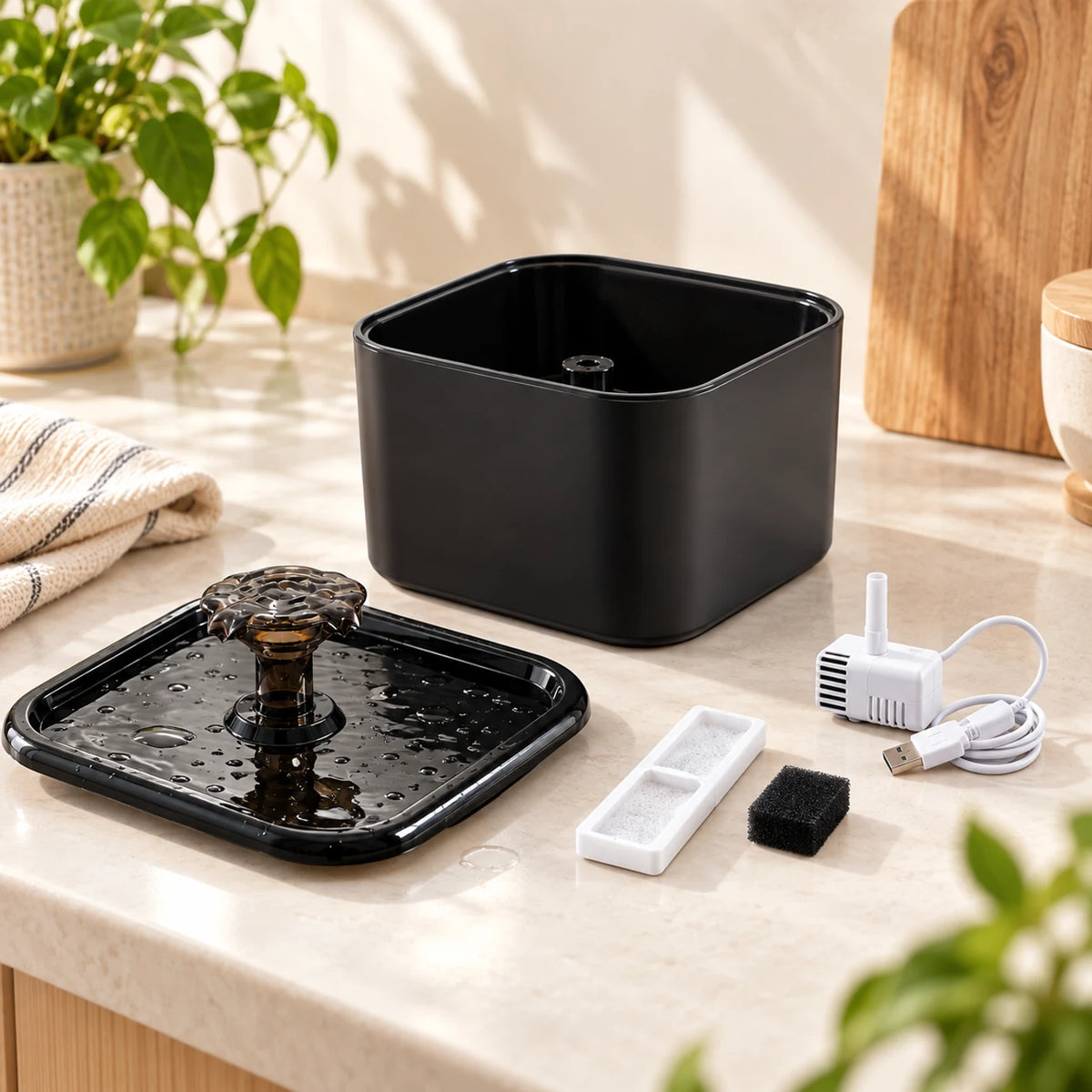 Fontaine Sourcéa démontée avec plateau, réservoir, filtre, mousse et pompe USB amovibles.