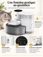 Réservoir de 3 L, recharge USB-C et panneau de commande de la fontaine à eau pour chat Aquéria.