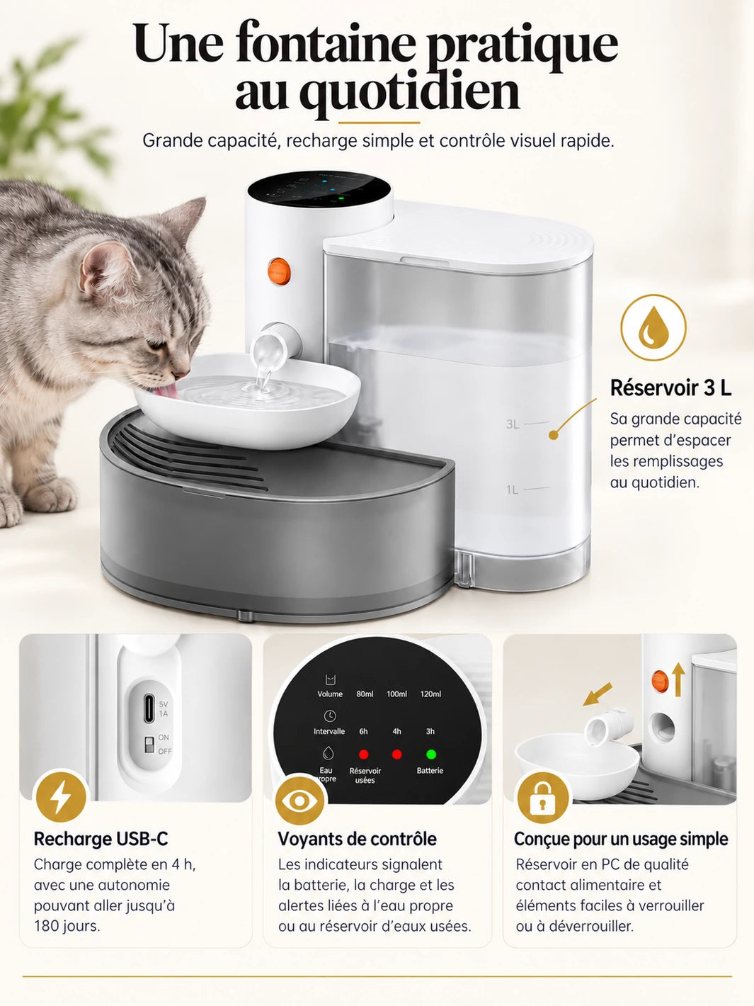 Réservoir de 3 L, recharge USB-C et panneau de commande de la fontaine à eau pour chat Aquéria.