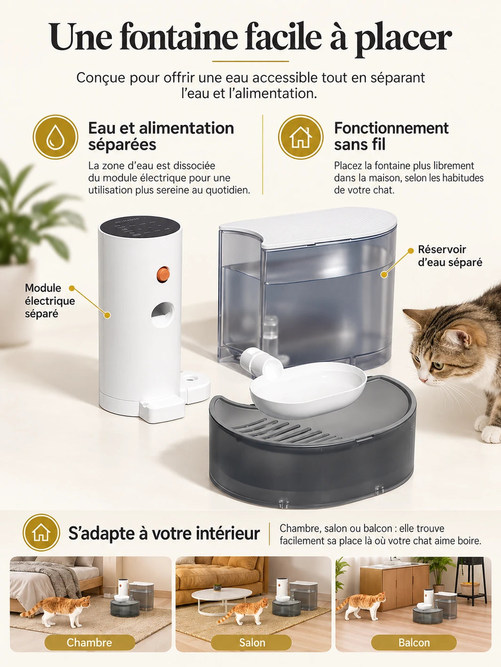 Fontaine pour chat Aquéria sans fil avec module électrique séparé, présentée dans plusieurs emplacements intérieurs.