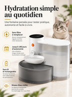 Fontaine à eau Aquéria sans filtre avec batterie rechargeable, réservoir de 3 L et niveau d’eau visible.