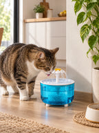 Chat buvant dans la fontaine bleue Azuréa installée dans un coin d’eau près d’un meuble en bois.