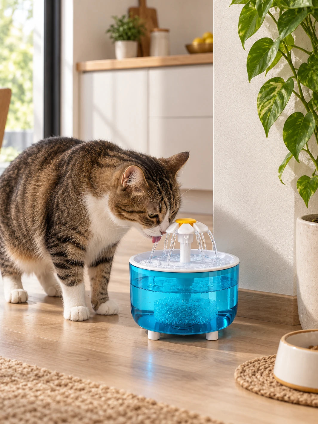 Chat buvant dans la fontaine bleue Azuréa installée dans un coin d’eau près d’un meuble en bois.