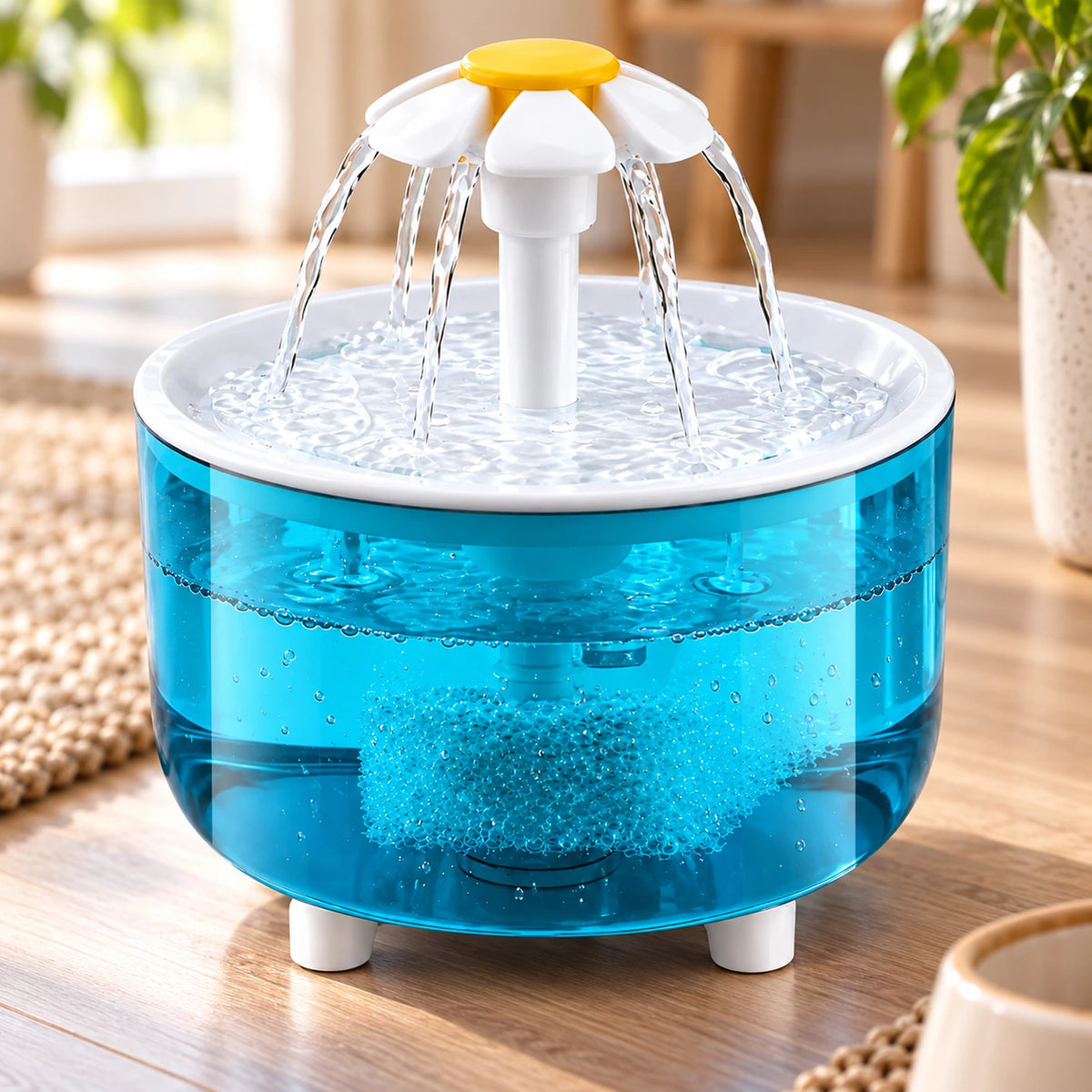 Gros plan du niveau d’eau visible à travers le réservoir bleu transparent de la fontaine Azuréa.