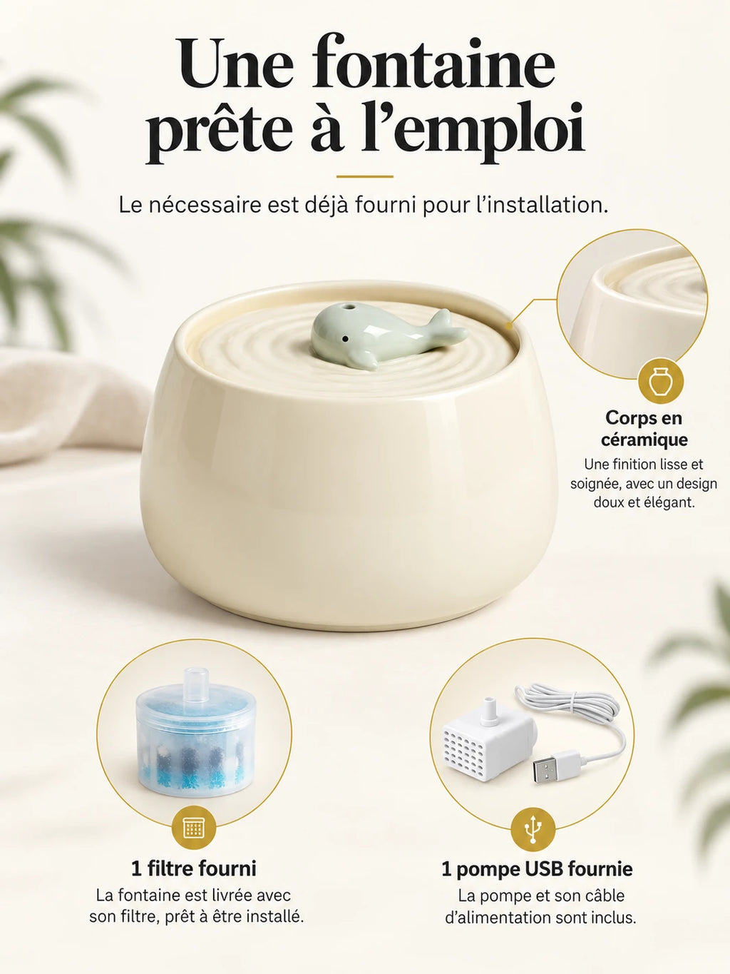 Kit Cérélia avec corps en céramique, filtre et pompe USB fournis pour l’installation.