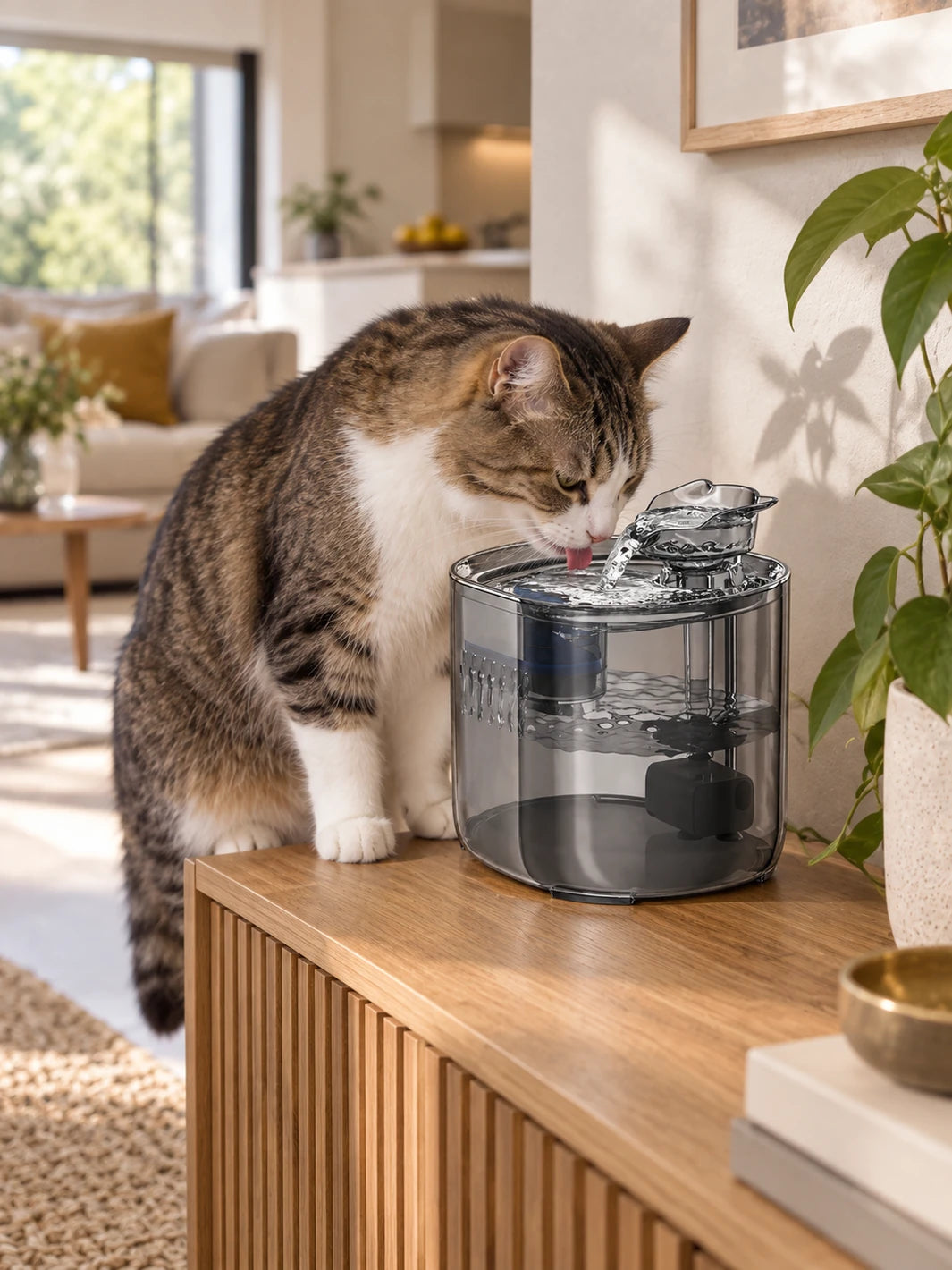Chat buvant dans la fontaine transparente Clairéa installée sur un meuble en bois dans un intérieur lumineux.