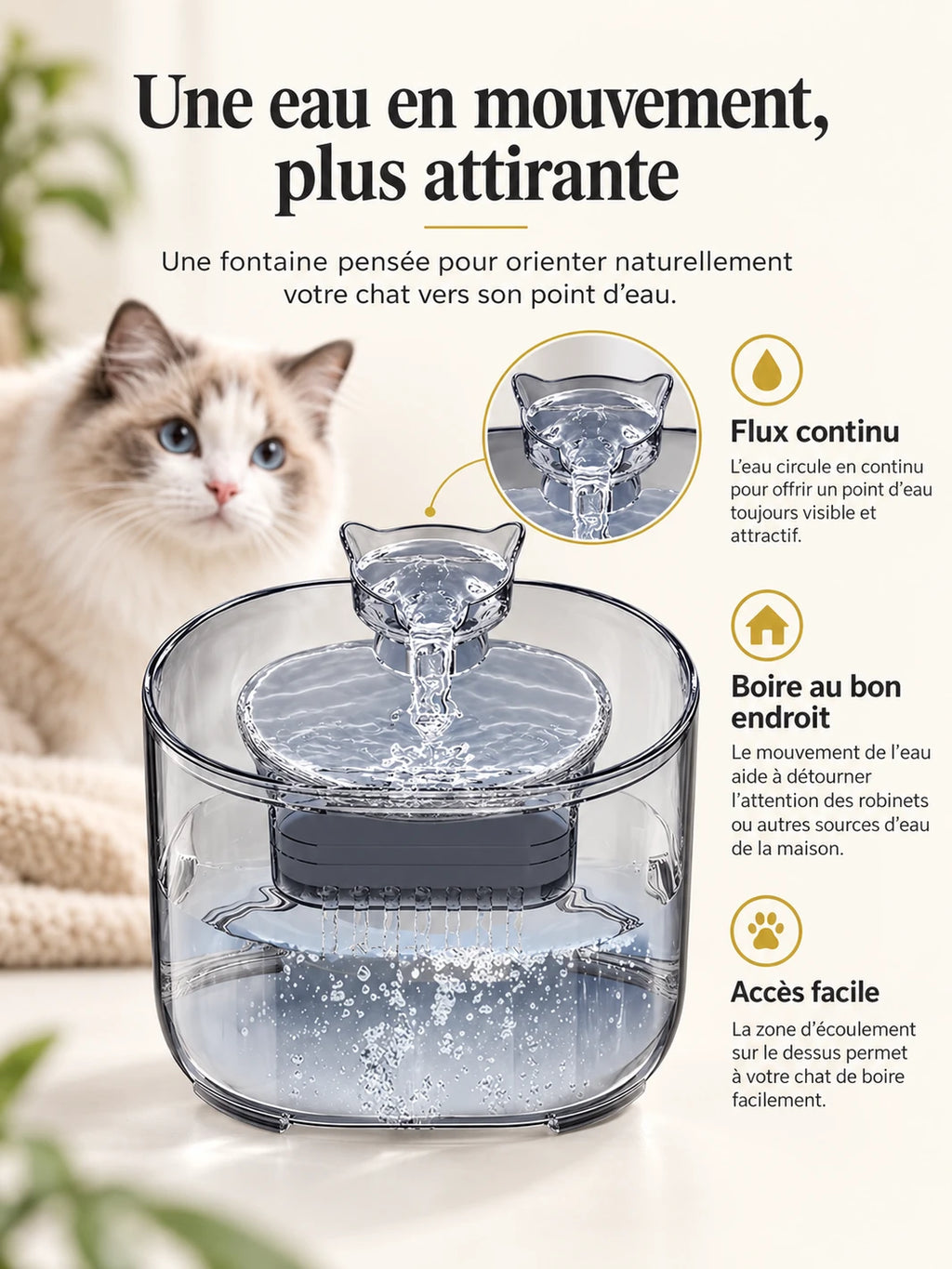 Bec verseur surélevé et eau en mouvement de la fontaine transparente pour chat Clairéa.