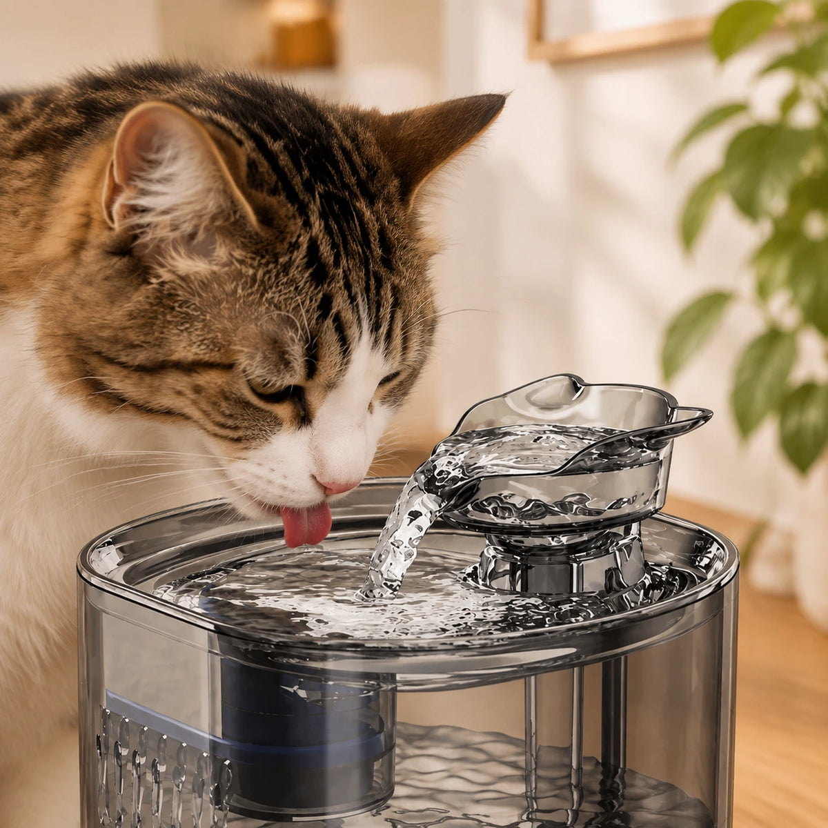 Gros plan d’un chat buvant au bec surélevé de la fontaine transparente Clairéa.