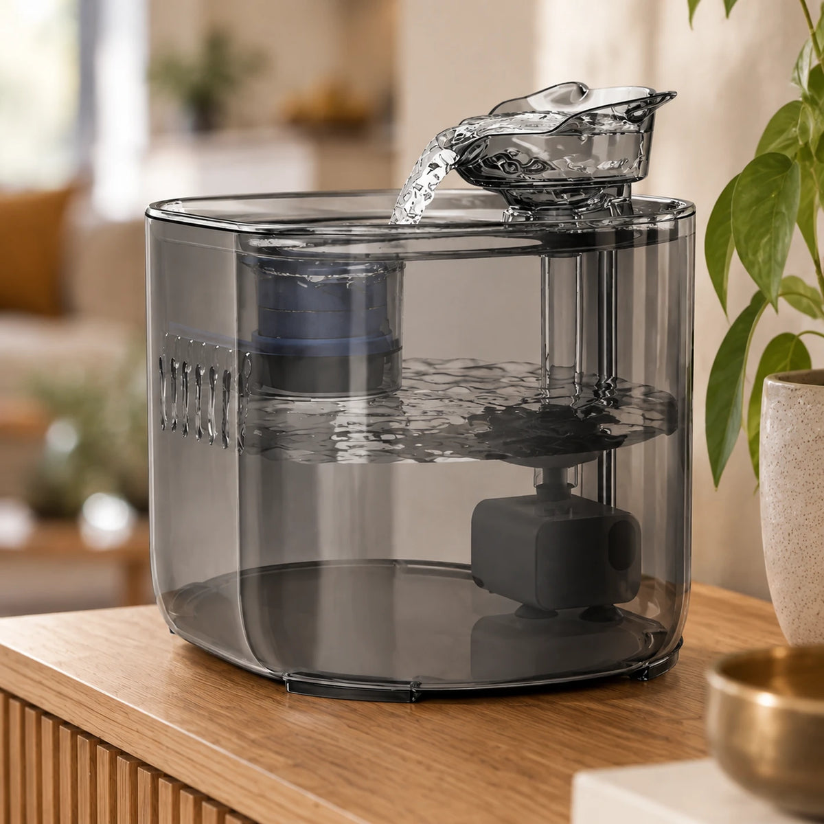 Gros plan de la cuve transparente Clairéa montrant directement le niveau d’eau et sa circulation.