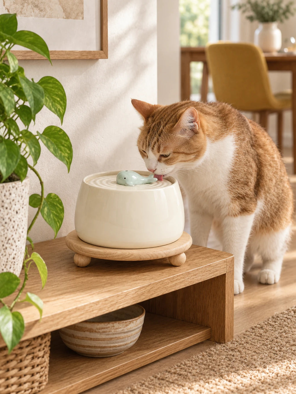Chat buvant dans la fontaine en céramique blanche Élévia posée sur son support circulaire en bois.