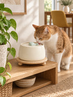 Chat buvant dans la fontaine en céramique blanche Élévia posée sur son support circulaire en bois.