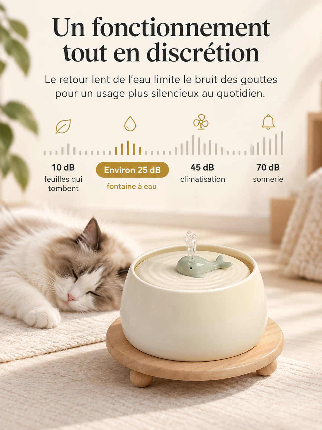 Fontaine Élévia au fonctionnement d’environ 25 dB installée près d’un chat au repos.