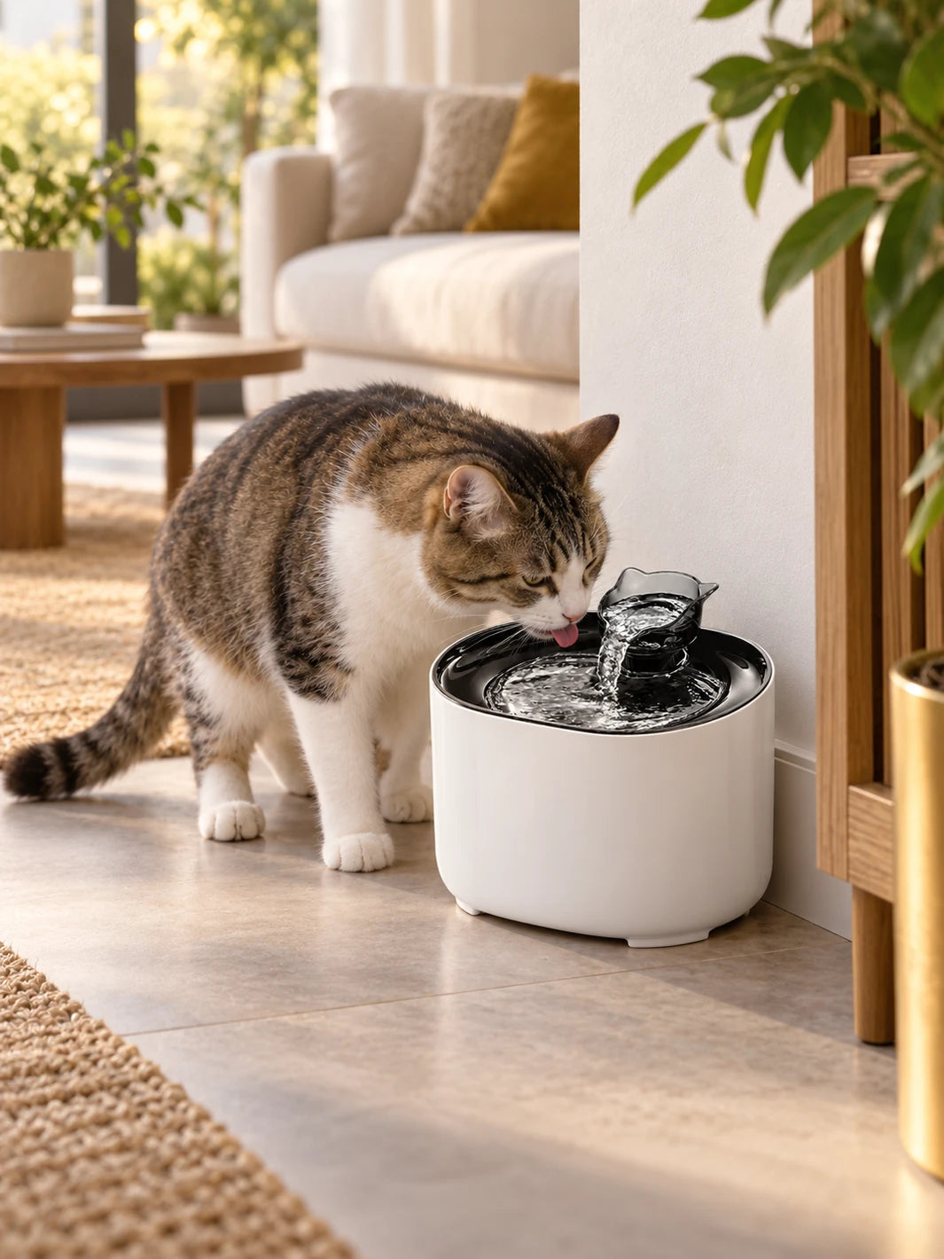 Chat buvant dans la fontaine à eau Fluvéa installée près d’un mur et d’un meuble dans un salon lumineux.