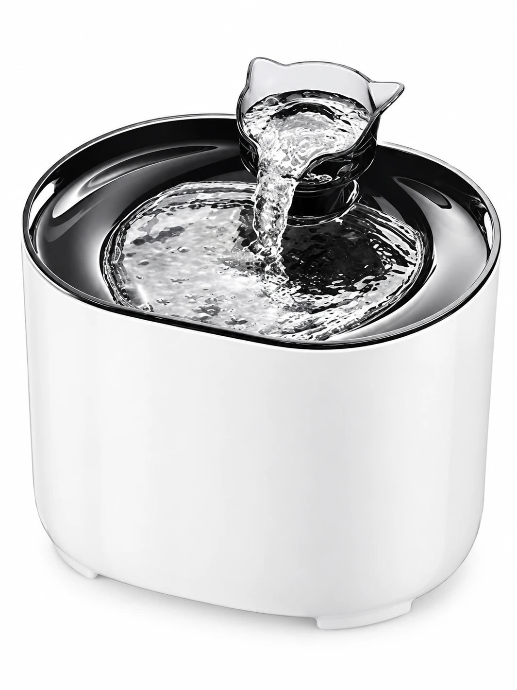 Fontaine à eau pour chat Fluvéa de 2,2 L avec corps blanc, plateau noir et bec verseur transparent sur fond blanc.