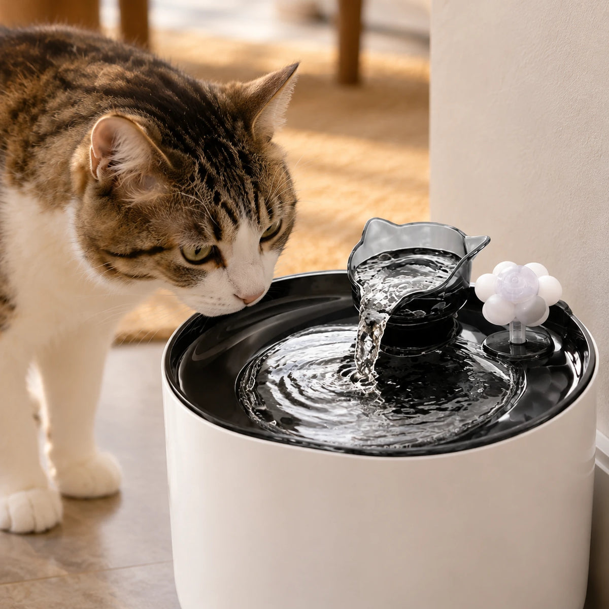 Gros plan d’un chat approchant la fontaine Fluvéa avec capteur 180° et eau en mouvement.