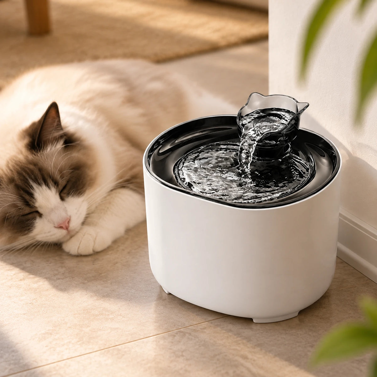 Gros plan de la fontaine Fluvéa en fonctionnement près d’un chat endormi, illustrant sa pompe silencieuse.