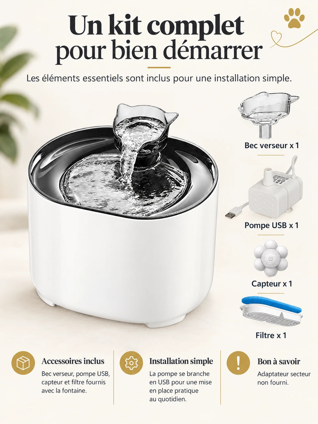 Fontaine Fluvéa avec ses accessoires inclus : bec verseur, pompe USB, capteur 180° et filtre.