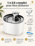 Fontaine Fluvéa avec ses accessoires inclus : bec verseur, pompe USB, capteur 180° et filtre.