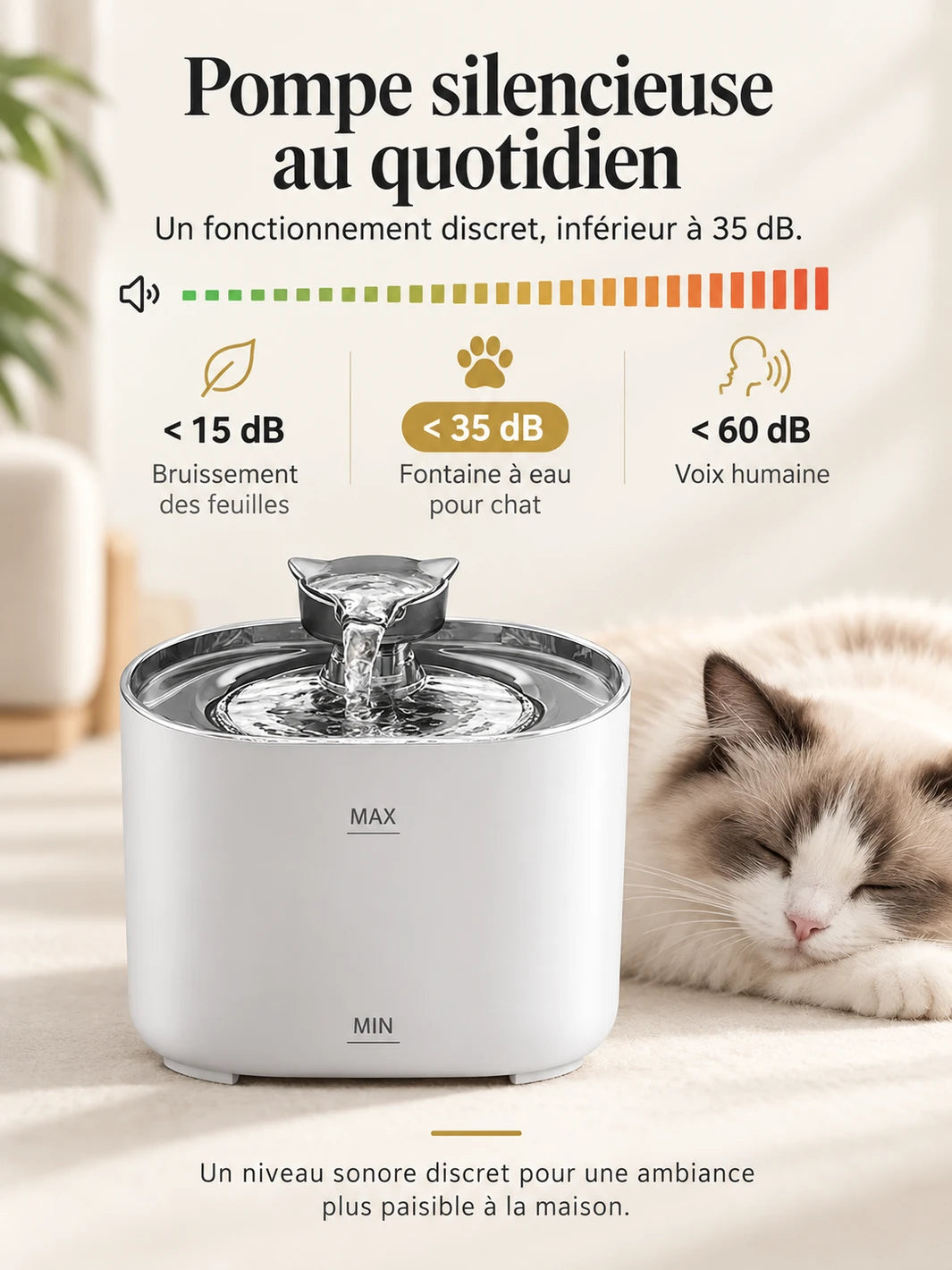 Fontaine à eau Fluvéa en fonctionnement près d’un chat au repos, avec niveau sonore inférieur à 35 dB.
